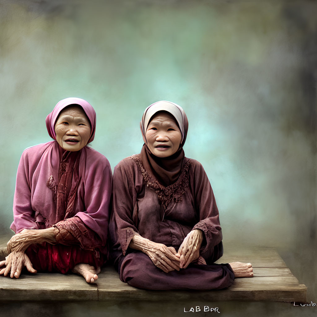 Elderly women in purple outfits and headscarves smiling against green background