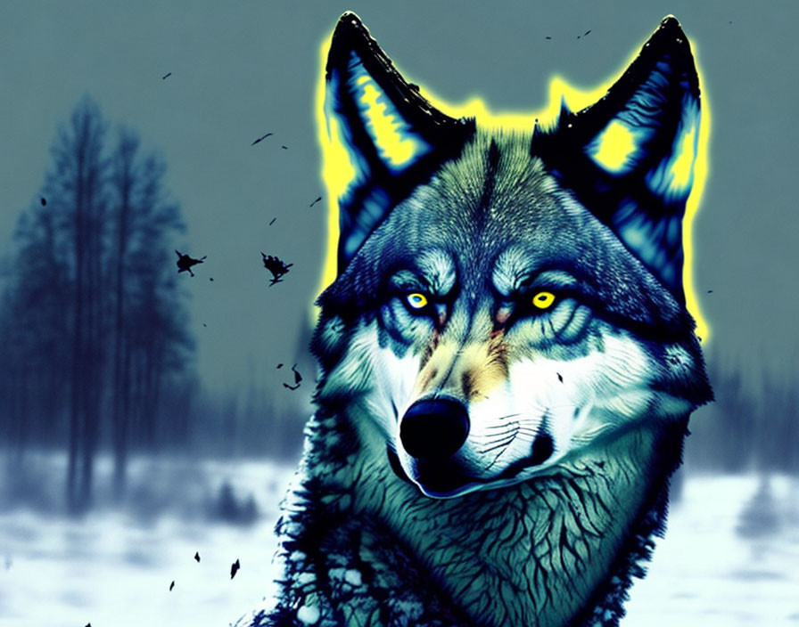 Vibrant wolf illustration with blue and yellow tones and fiery outlines in snowy forest setting