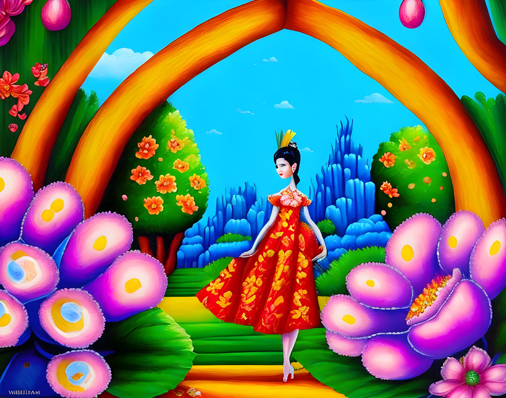 Colorful Garden Entrance with Woman in Orange Dress