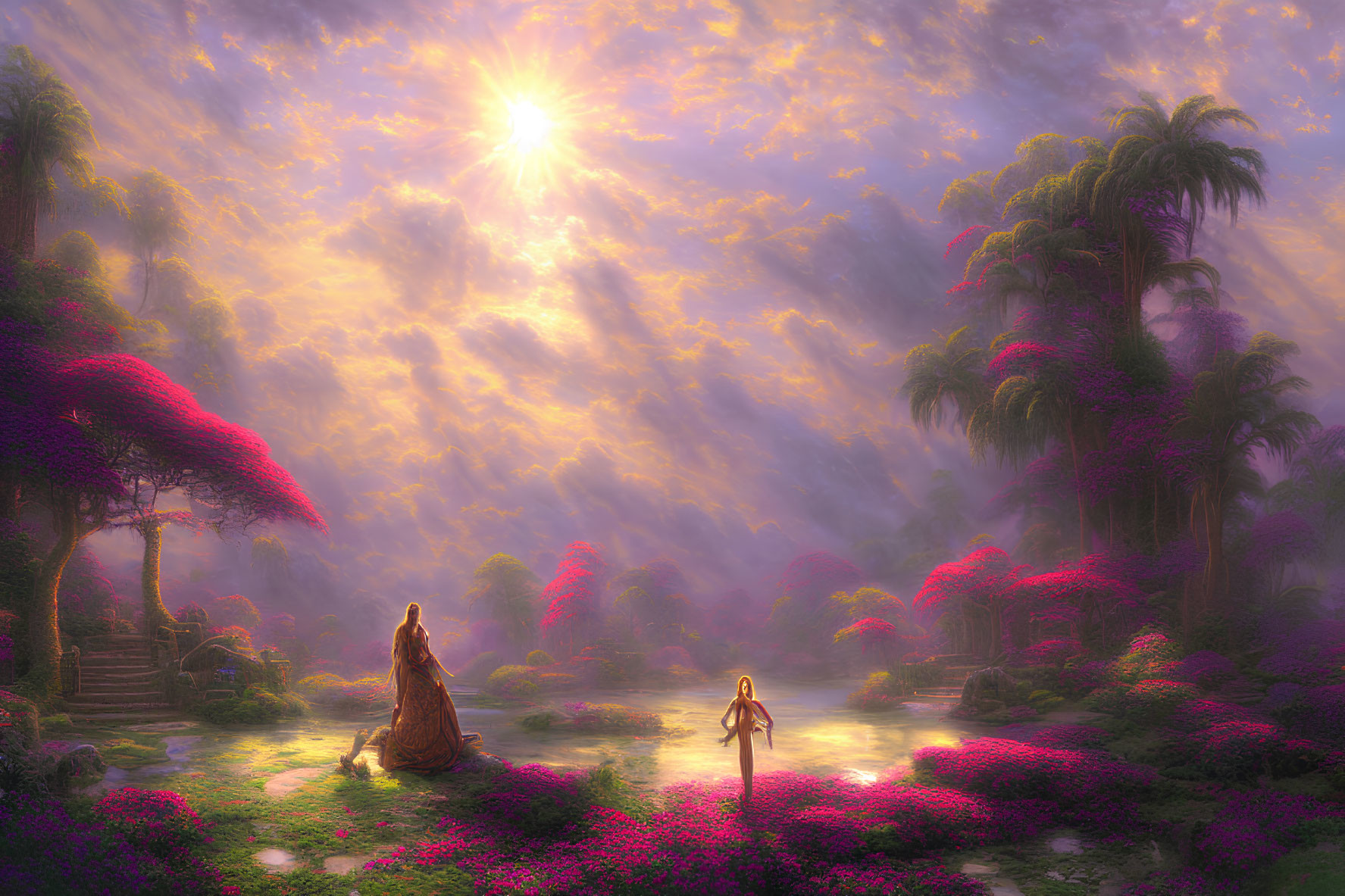 Pink Flowering Trees in Mystical Sunrise Garden with Woman and Child