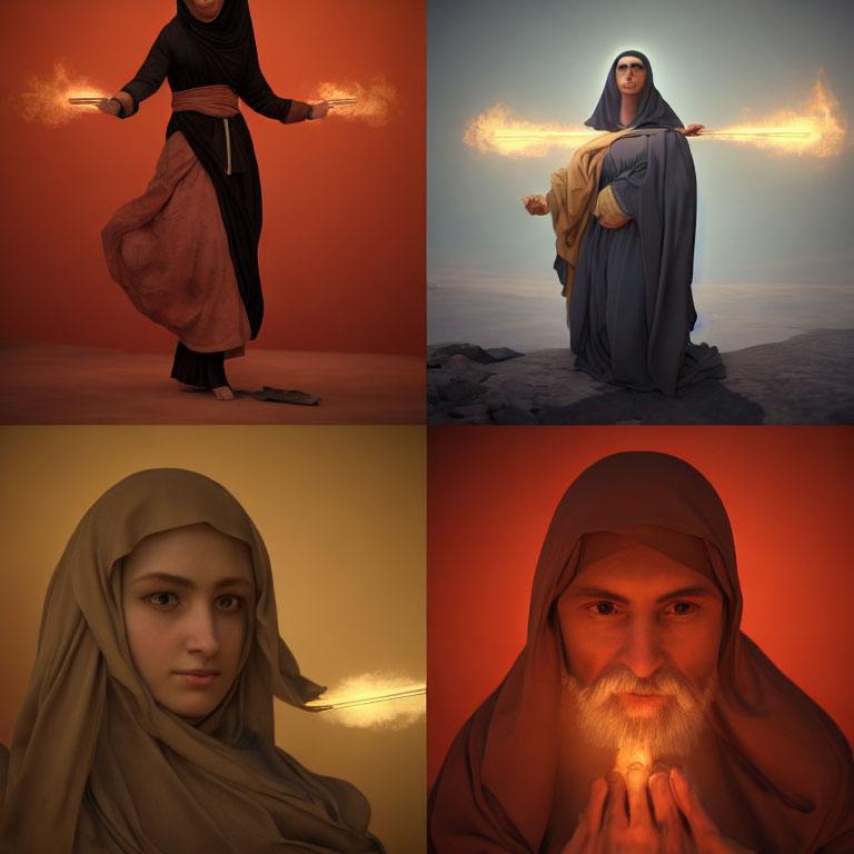 Collage of individuals in desert-themed attire with magical fire elements