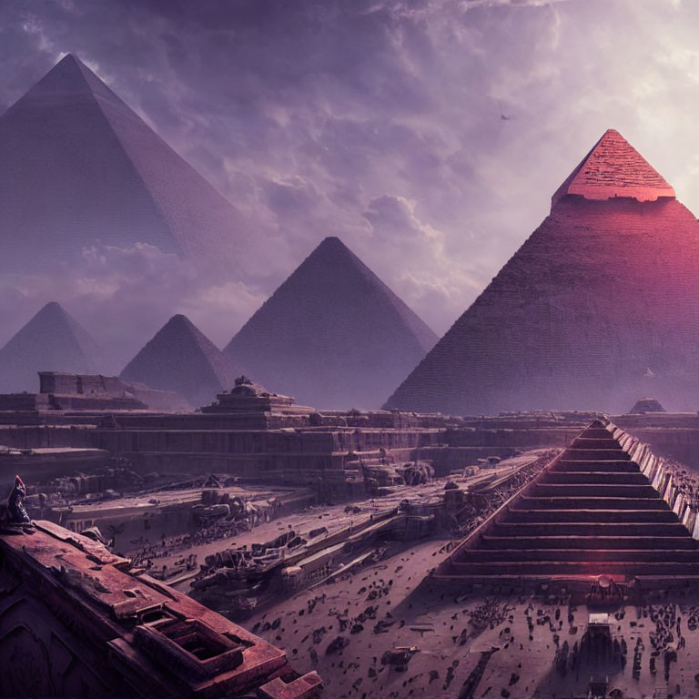 Digital artwork: Ancient Egyptian scene with pyramids under purple sky