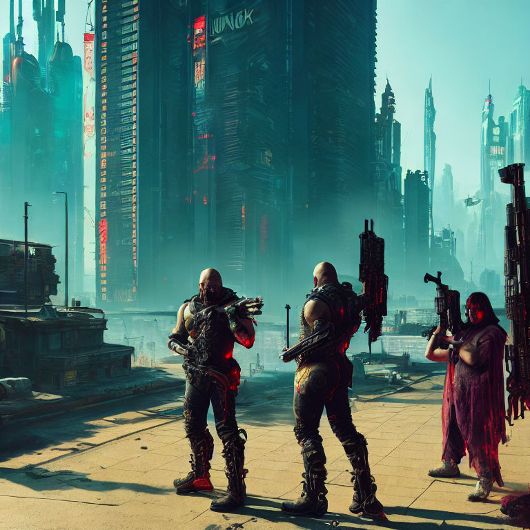 Futuristic cityscape with three armed characters