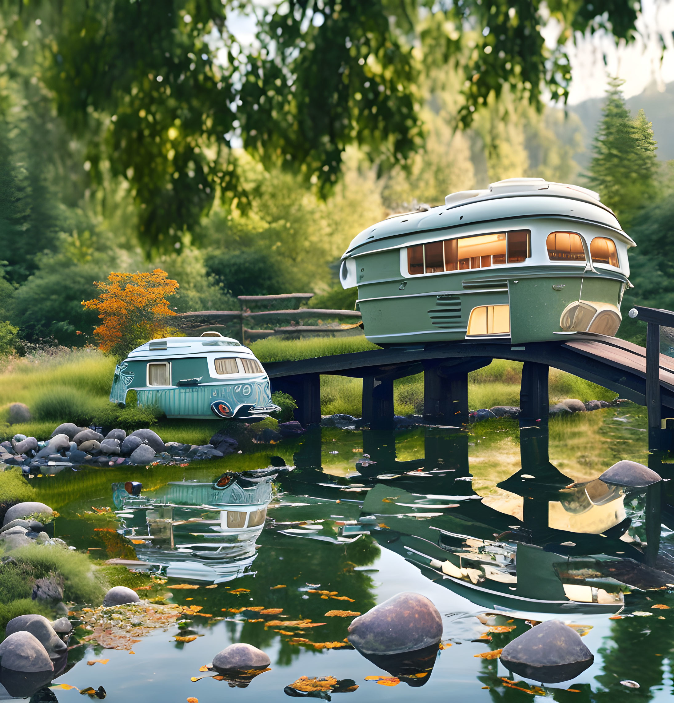 Vintage Caravans Parked by Tranquil Pond in Green Environment