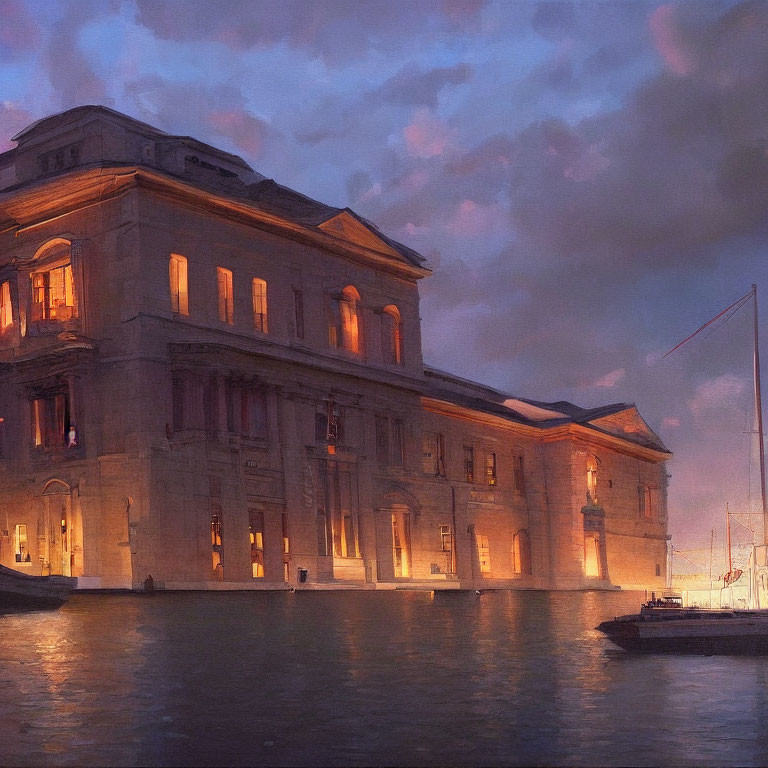 Neoclassical waterfront building at dusk with warm lights and boat under pink sky