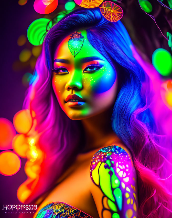 Vibrant neon body paint woman with colorful bokeh lights