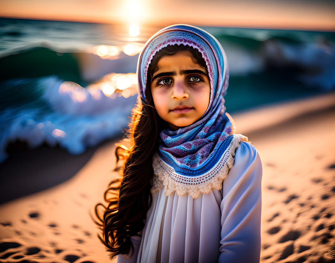 Young girl in hijab on beach at sunset with waves in background