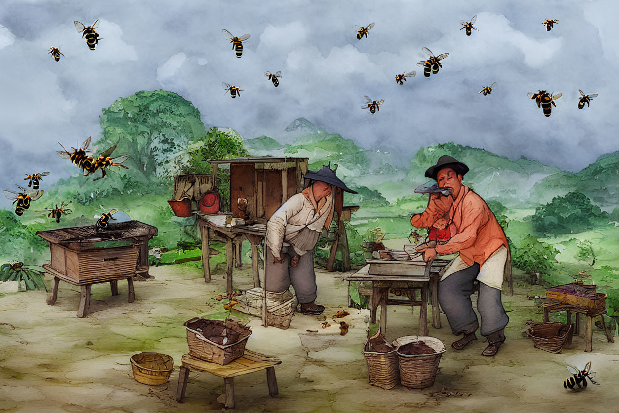 Rustic beekeeping scene with two individuals, bees, hives, and equipment