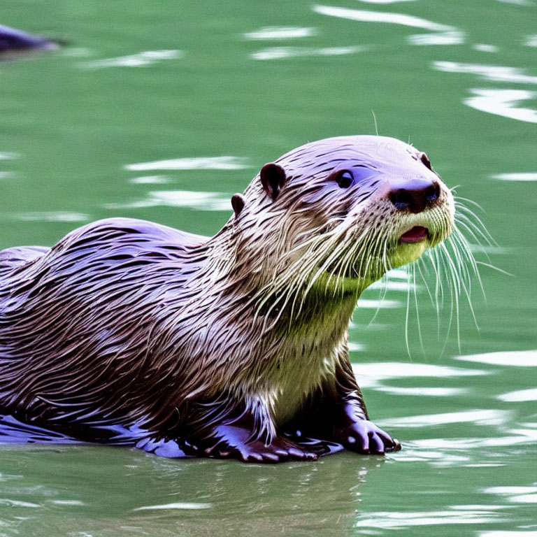 Wet fur otter by water with mouth open