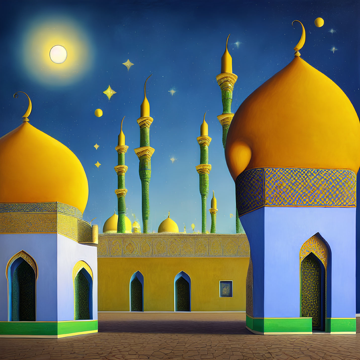 Vibrant Middle Eastern palace at night with golden domes and minarets under starry sky