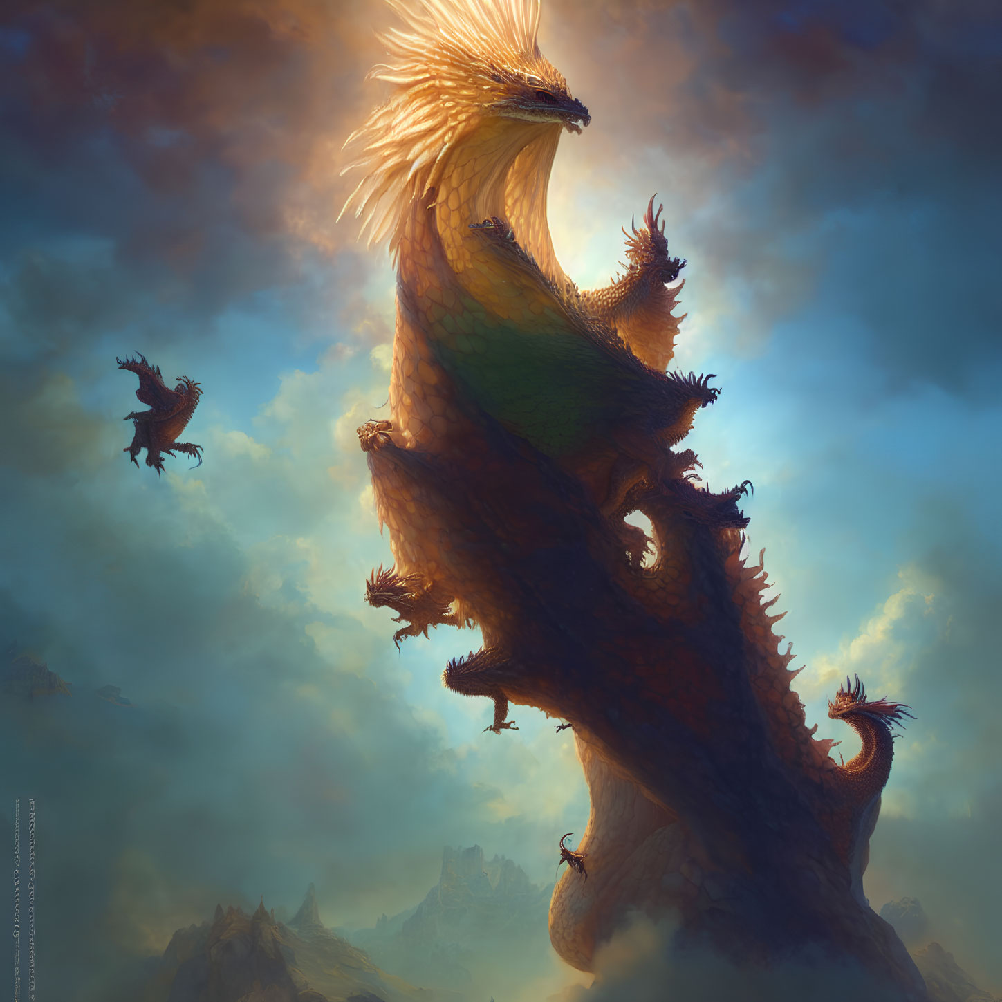 Majestic dragon with luminous crest flying among smaller dragons