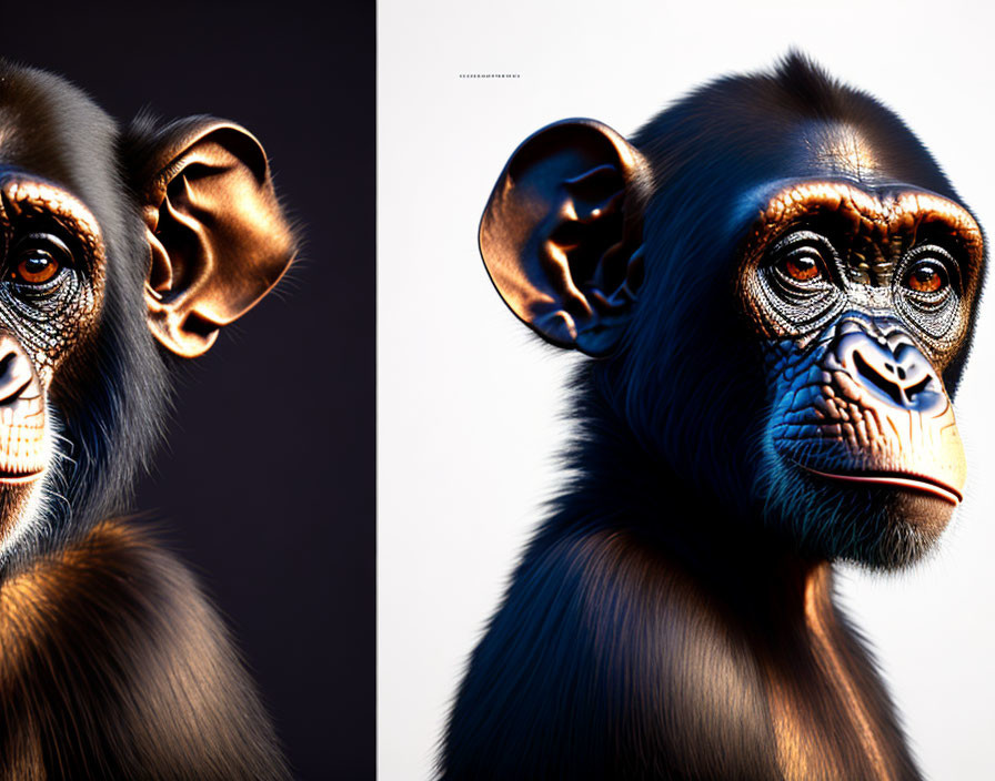 Split chimpanzee portrait in natural and colorful enhanced sides