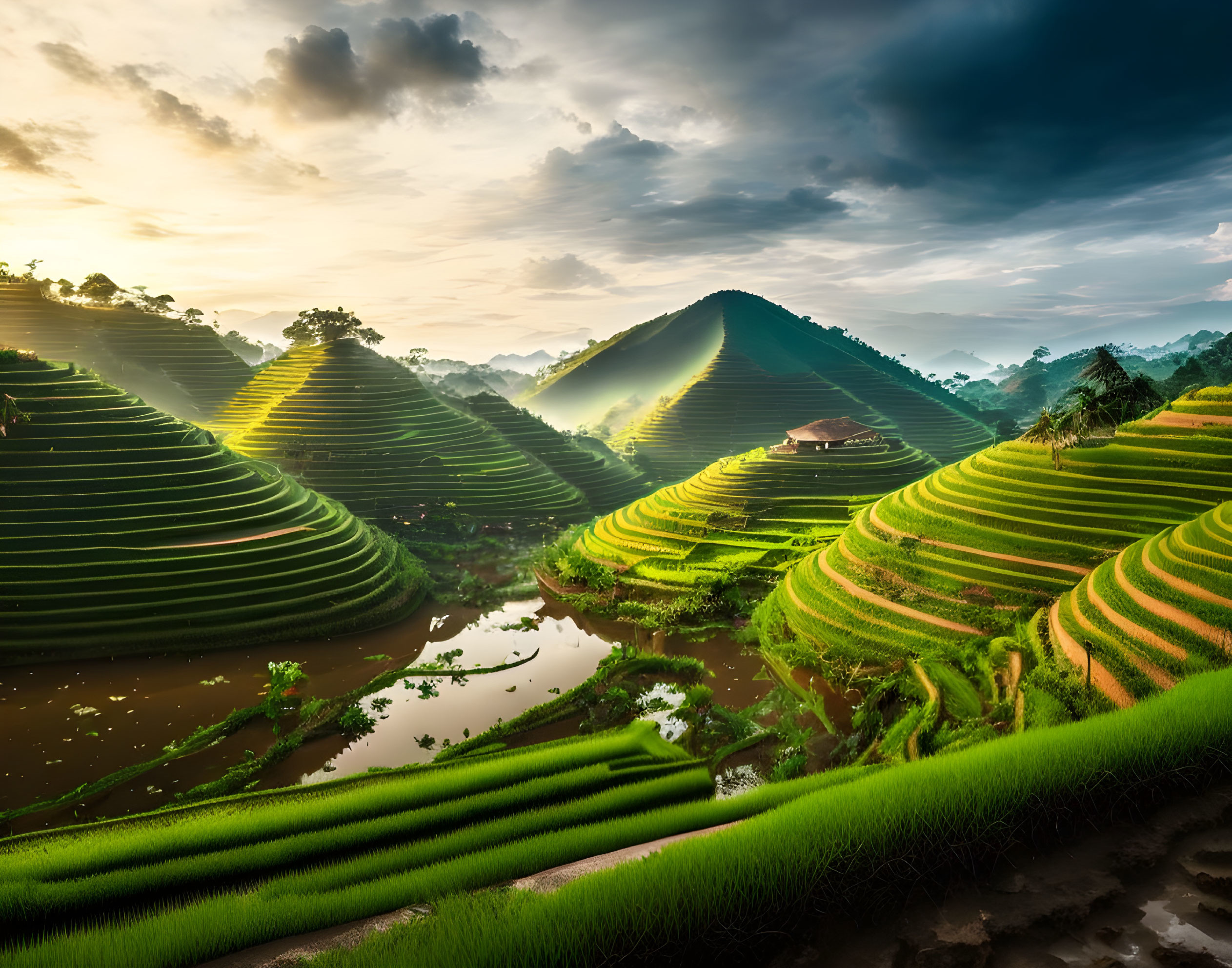 Vibrant green terraced rice fields at sunrise with dramatic sky