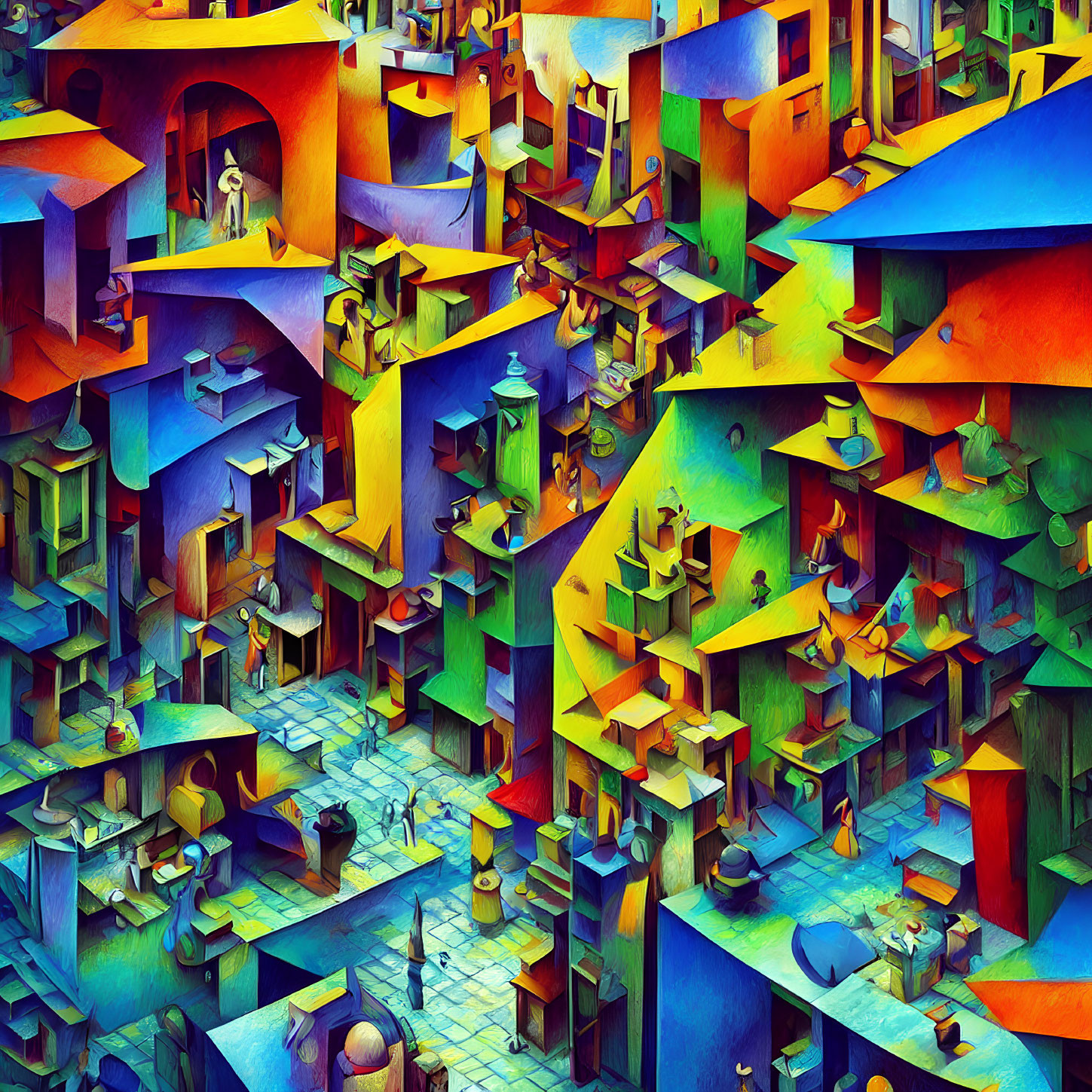 Colorful Abstract Art: Maze-Like Cityscape with Geometric Shapes