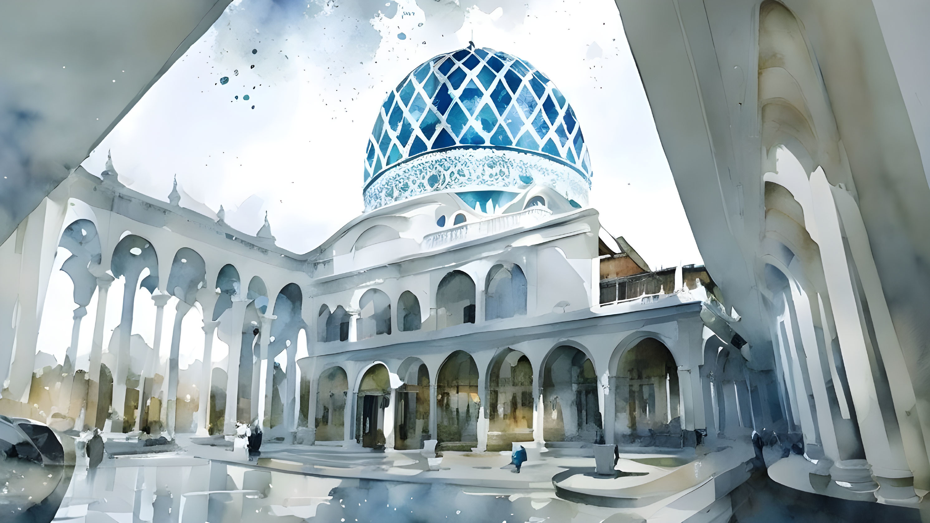 Mosque Watercolor Illustration with Blue Dome and White Colonnades