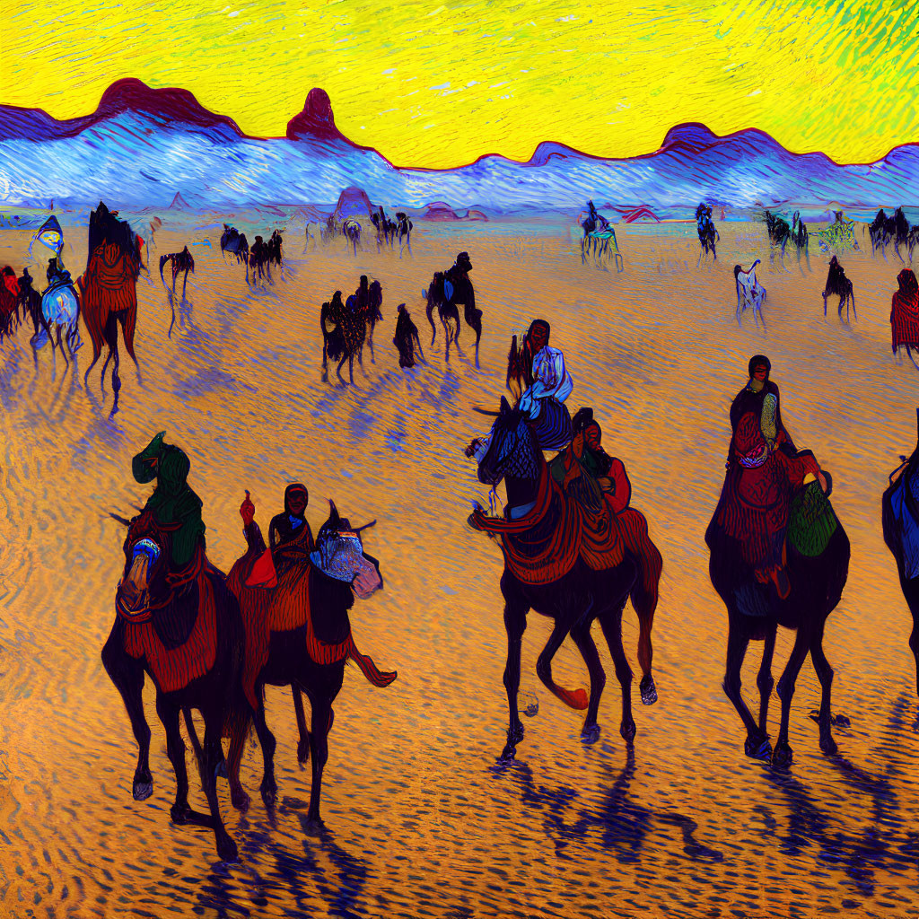 Colorful Van Gogh-style digital artwork: Vibrant riders on horseback in wavy landscape