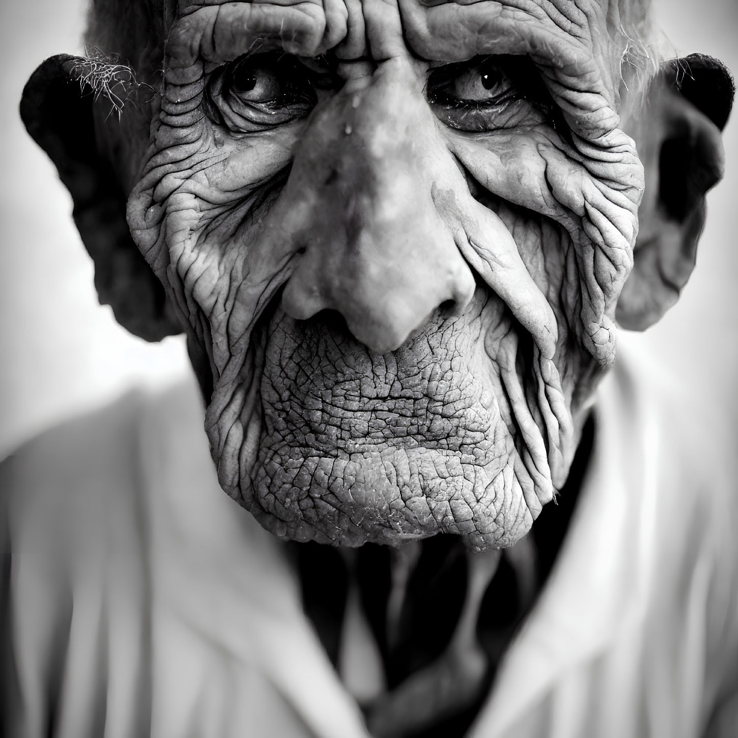 Detailed Close-Up of Elderly Person's Face with Deep Wrinkles and Expressive Eyes in Mon