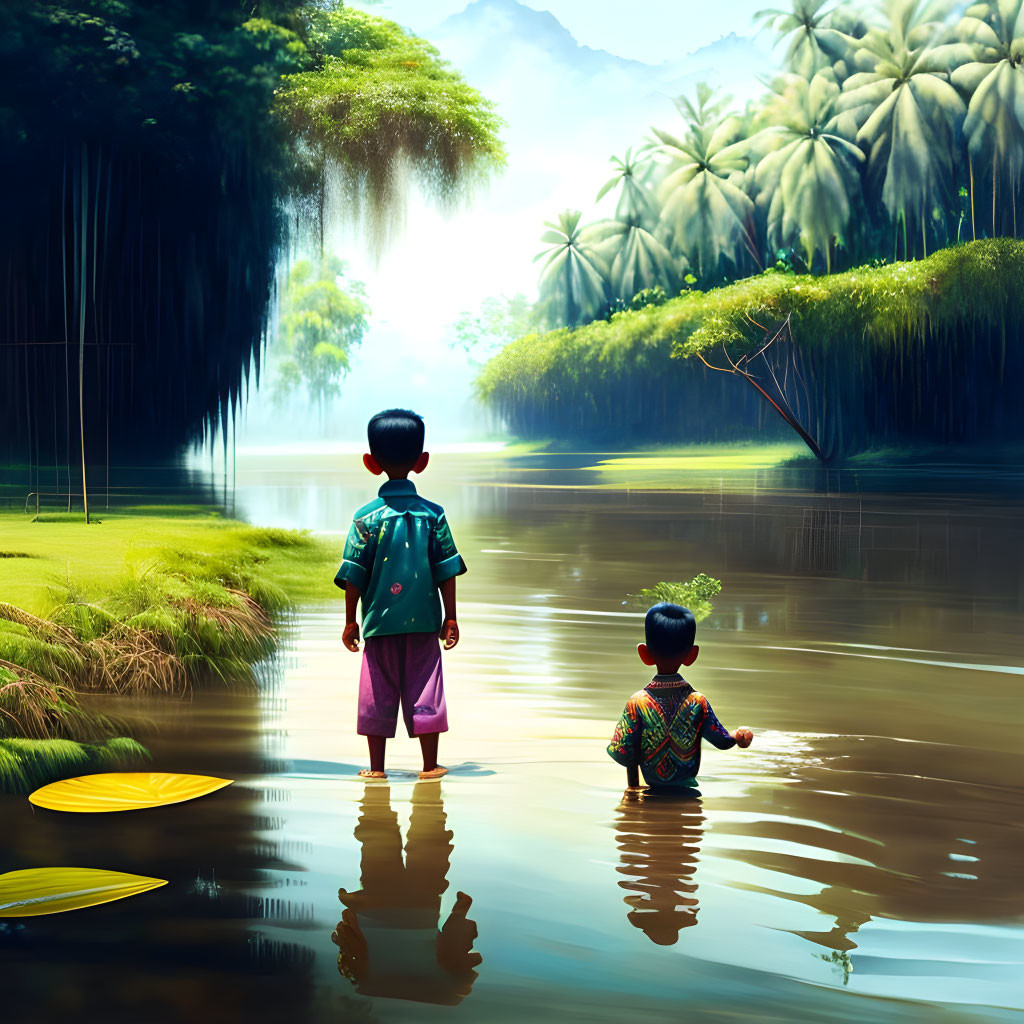 Children by calm river in lush tropical setting with trees and vines.