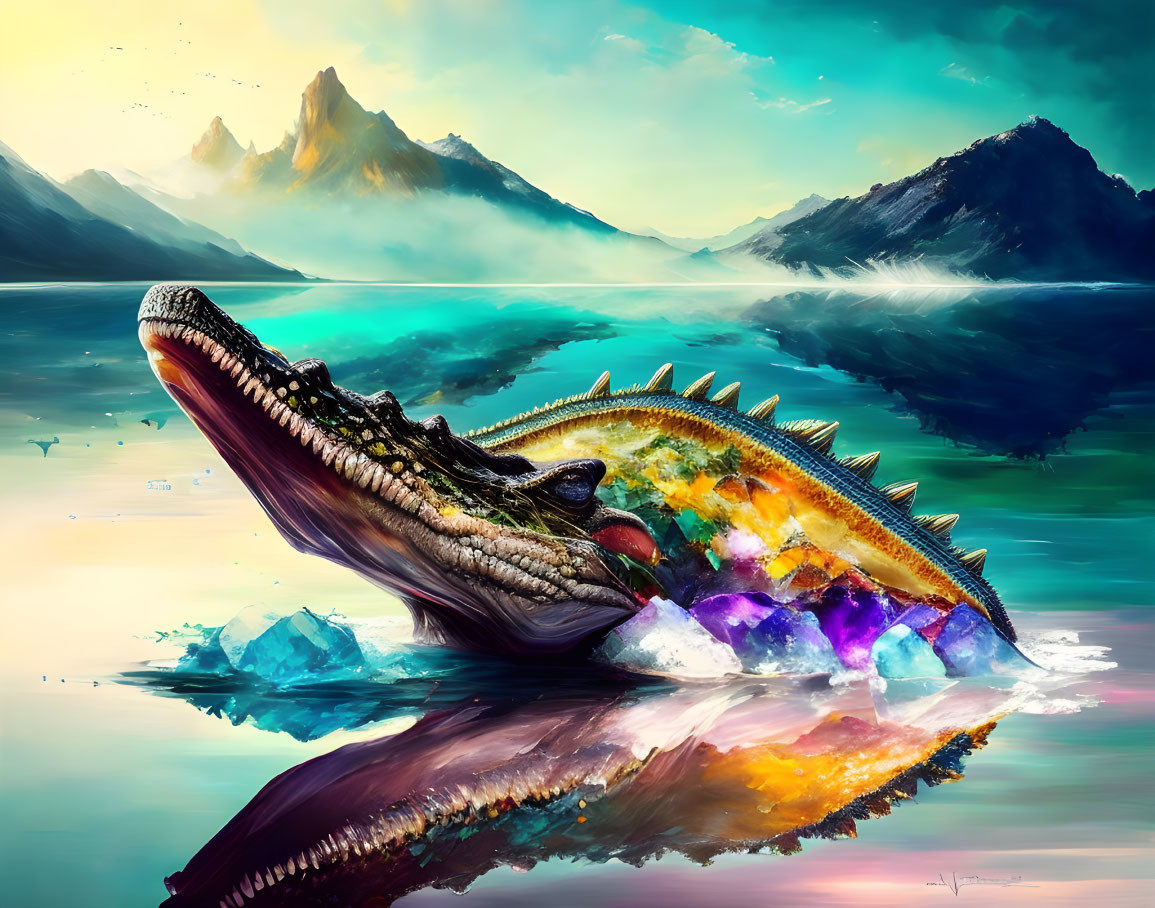 Colorful digital artwork: Crystal crocodile in serene lake