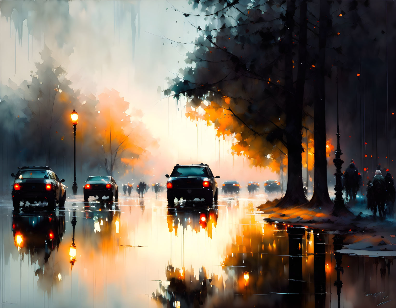 Rainy urban scene with vehicles, street lights, and silhouettes of people in vibrant reflections.