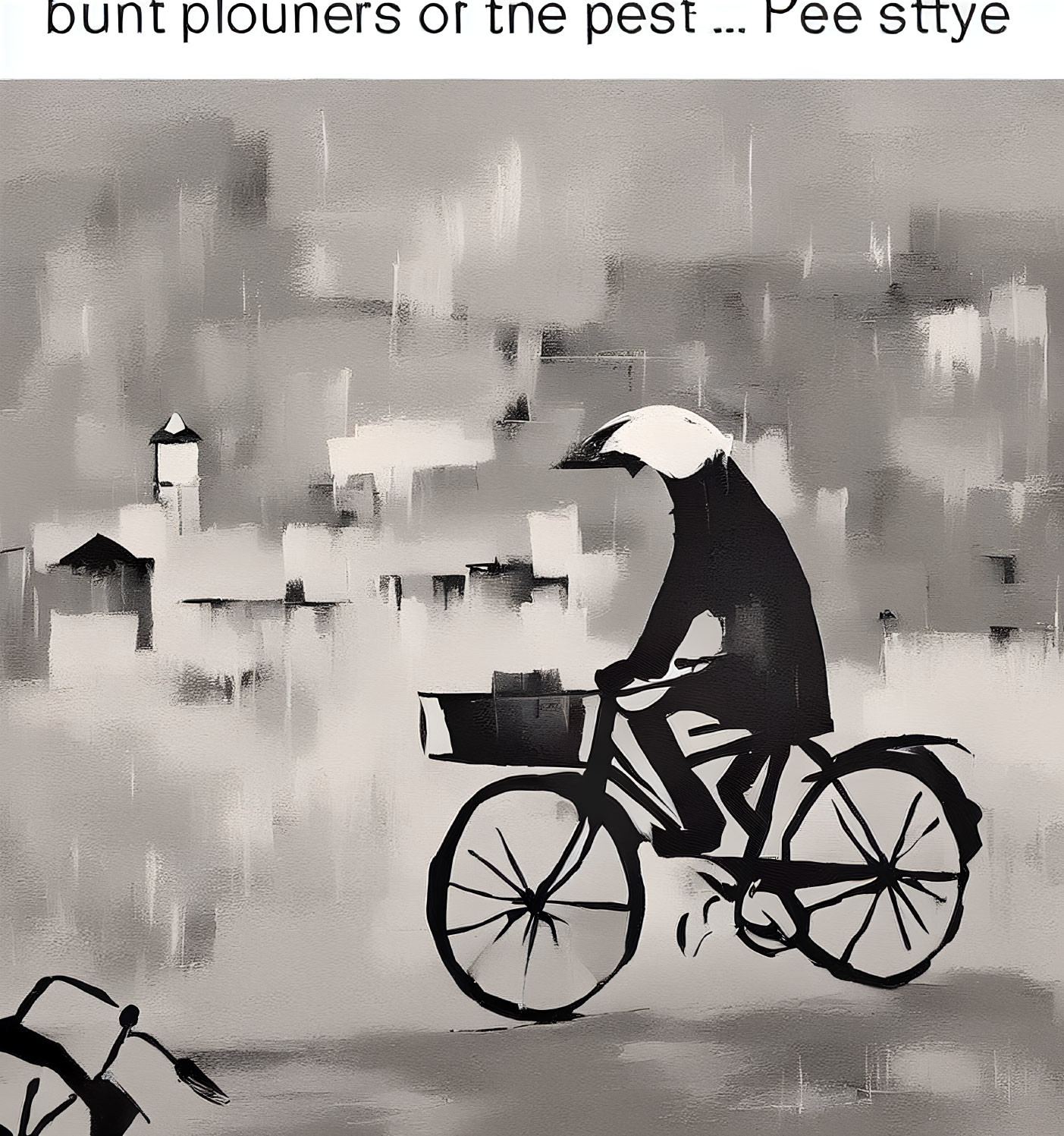 Abstract monochrome painting: figure on bicycle with blurred background and visible brush strokes.