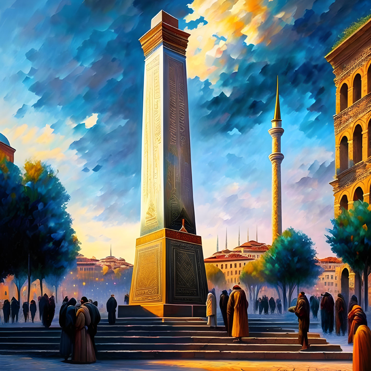 Colorful city square sunset scene with obelisk, historic buildings, and traditional attire.