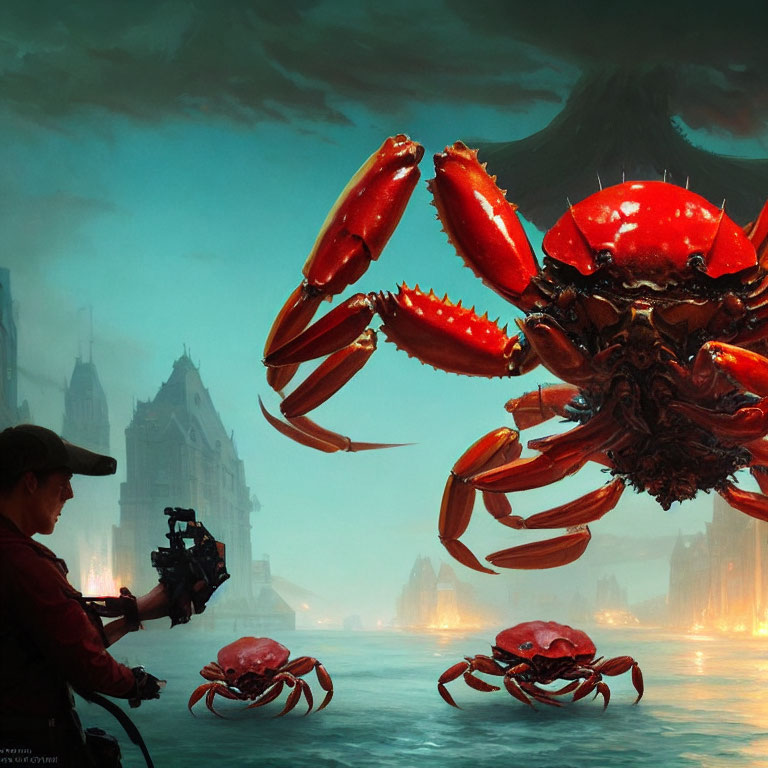 Man confronts giant crabs in dystopian city with looming volcano