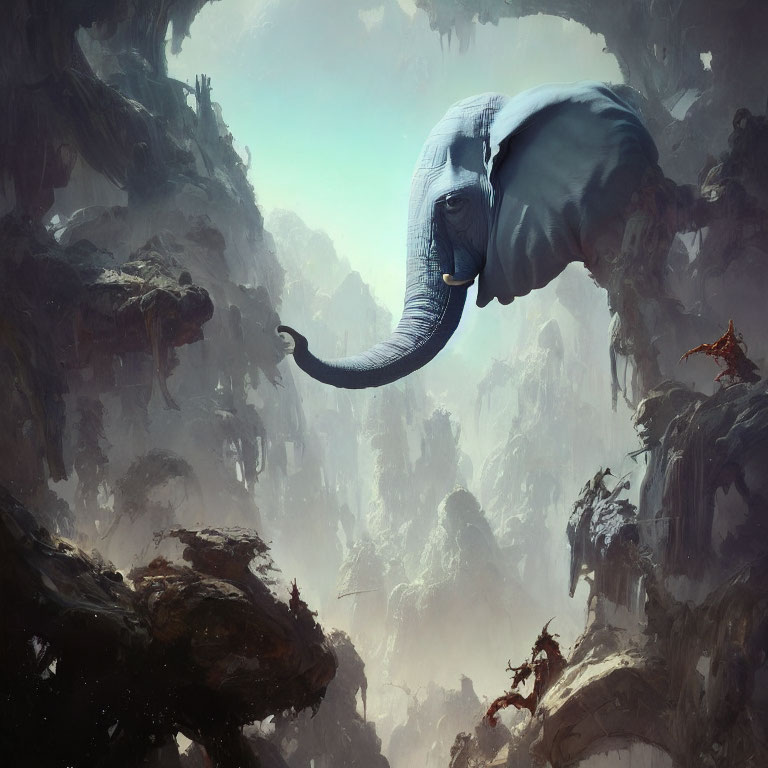 Surreal landscape with rocky cliffs and floating elephant amidst misty mountains