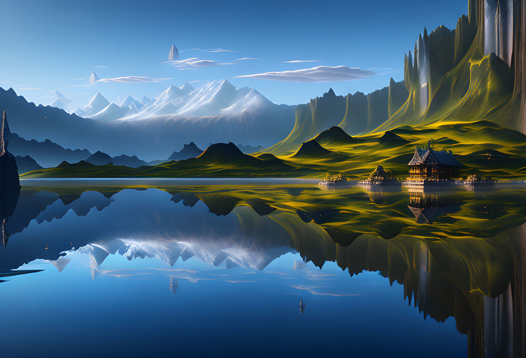 Scenic fantasy landscape with mountains, lake, hills, pine trees, and illuminated buildings under a blue