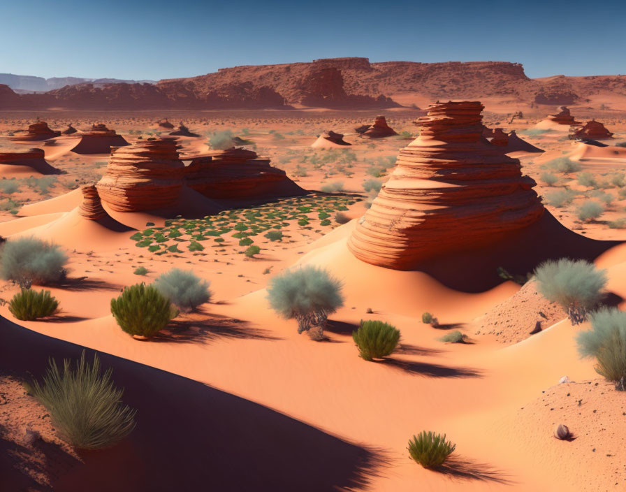 Layered Rock Formations in Desert Landscape with Orange Sand Dunes