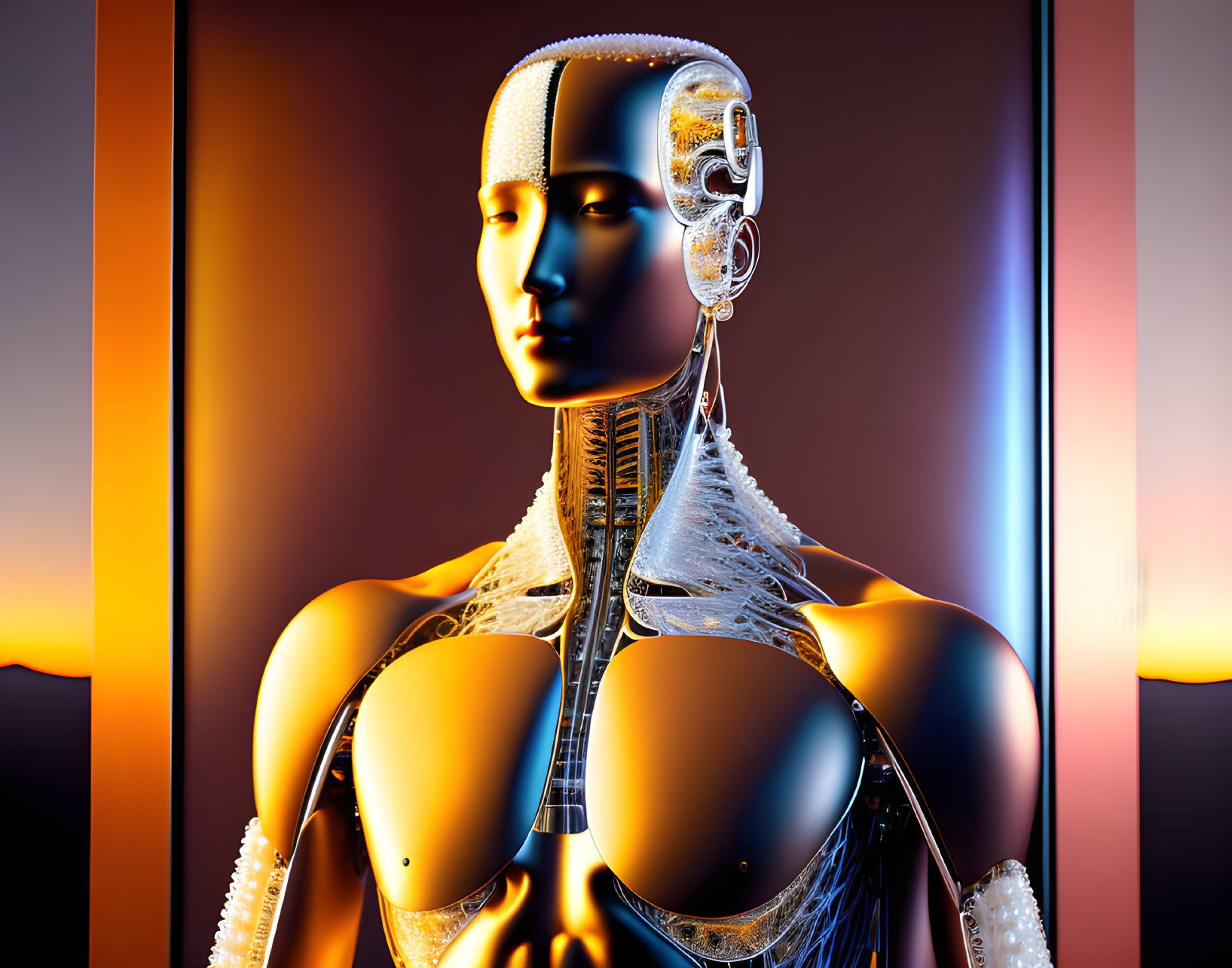 Intricate humanoid robot with internal mechanisms on orange gradient background