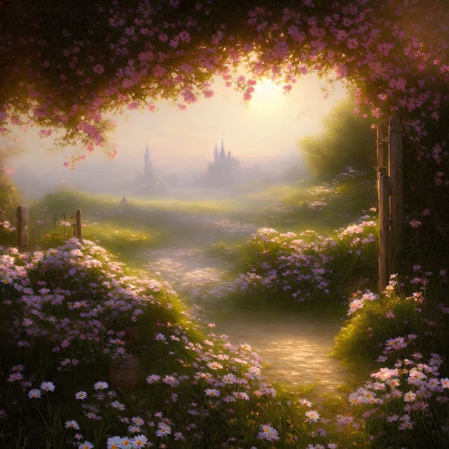 Sunlit Clearing with Blossom-Lined Path to Ethereal Castle