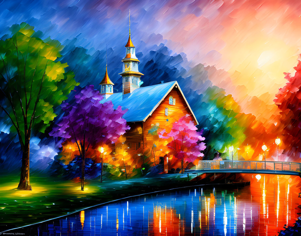 Colorful painting of wooden church by reflective lake, vibrant sky & impressionistic trees