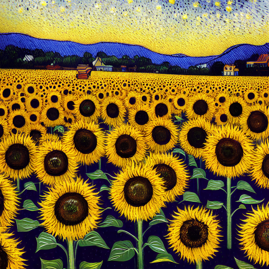 Colorful sunflower field painting with starry sky, distant houses, and mountains in post-impression