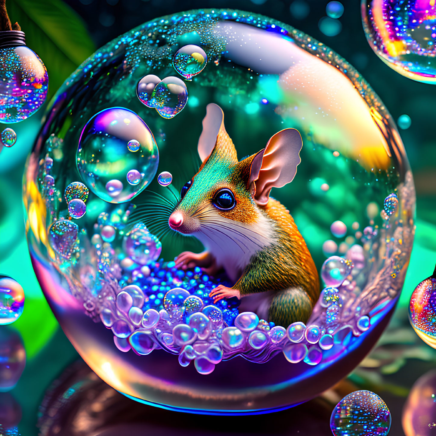 Colorful Mouse Illustration in Transparent Bubble with Bokeh Background