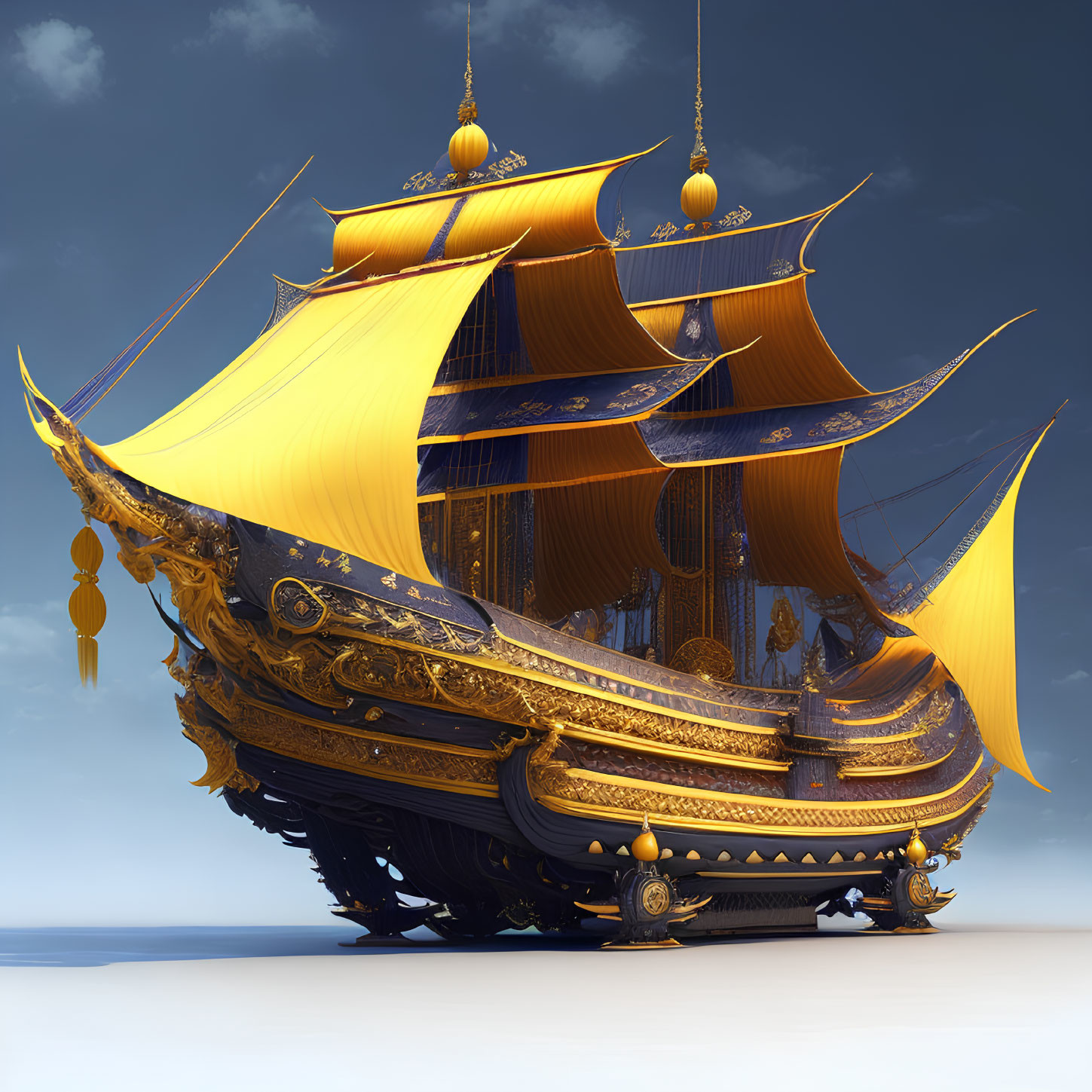 Majestic fantasy ship with golden details and yellow sails on serene blue sky