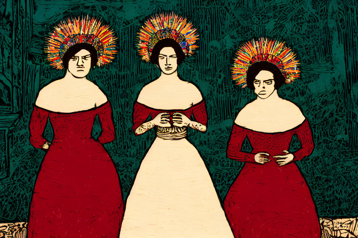 Three women in red dresses and halo-like headdresses on teal background