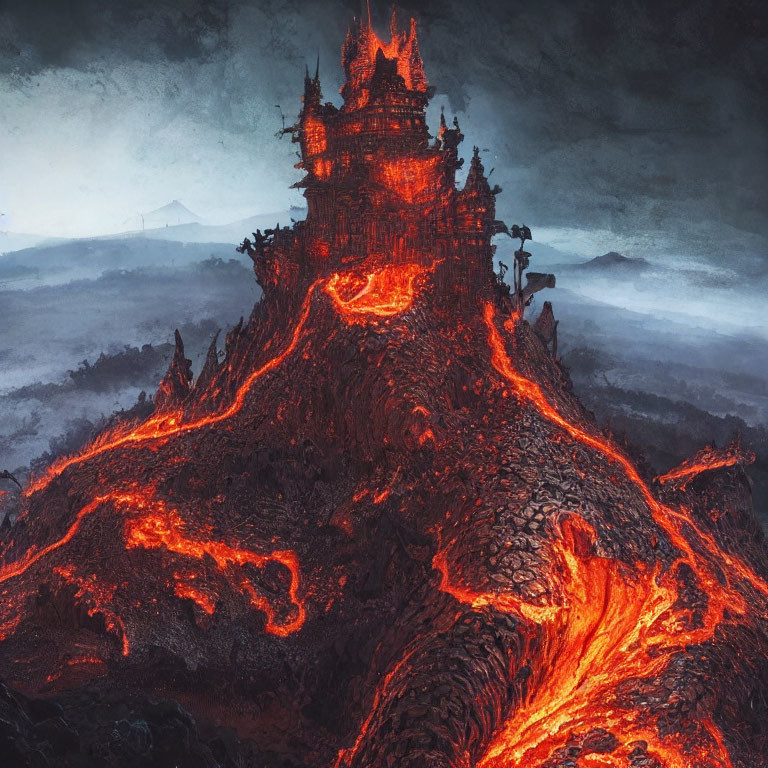 Dark castle on volcanic mountain with lava rivers in misty landscape