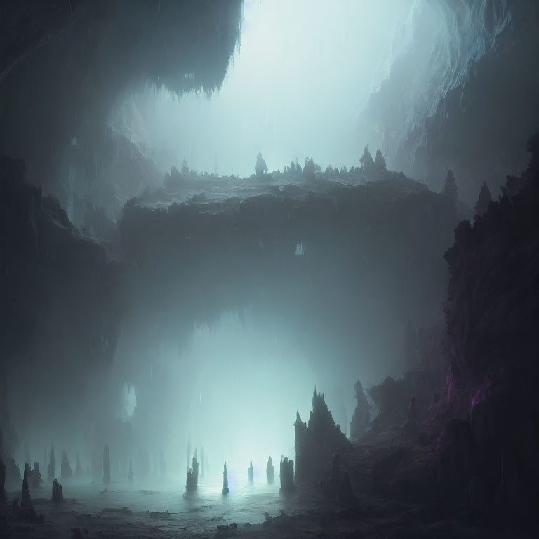 Mystical subterranean landscape with towering stalagmites and soft blue light.