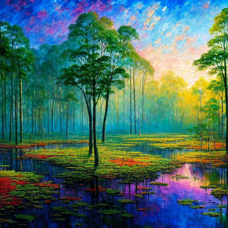 Colorful Wetland Scene with Lily Pads and Lush Trees