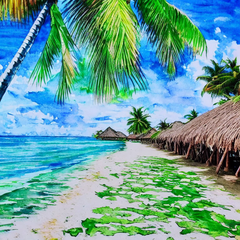 Tropical Beach Scene with Palm Trees and Thatched Huts