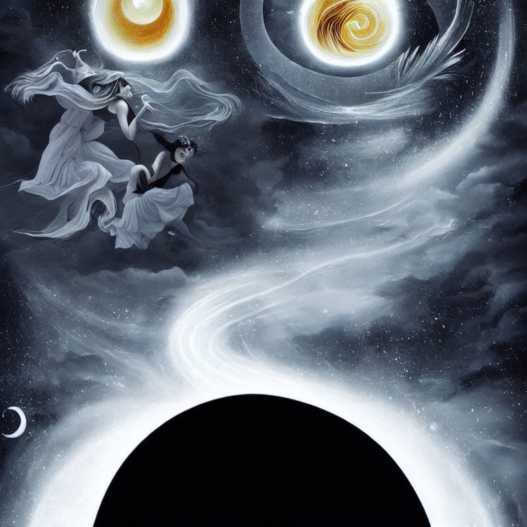 Ethereal figures dancing in celestial vortex with twin galaxies