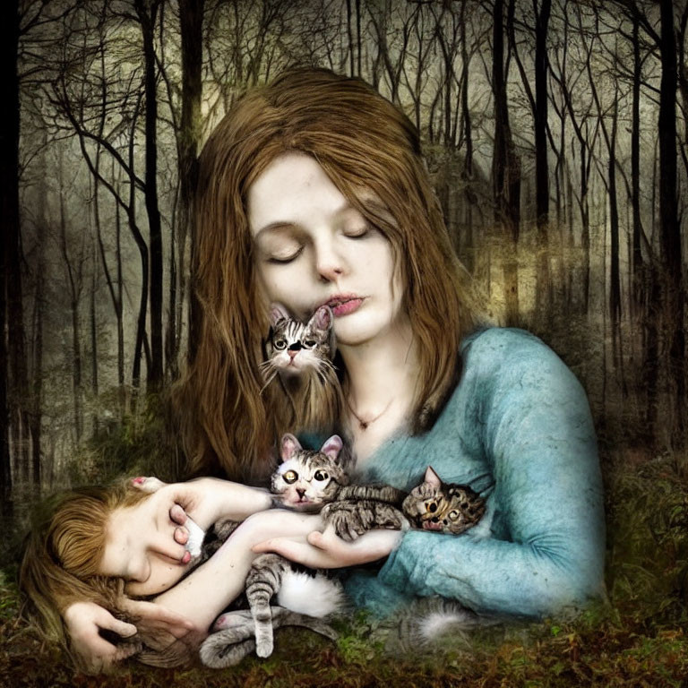 Woman with Long Brown Hair Holding Three Kittens in Mystical Forest