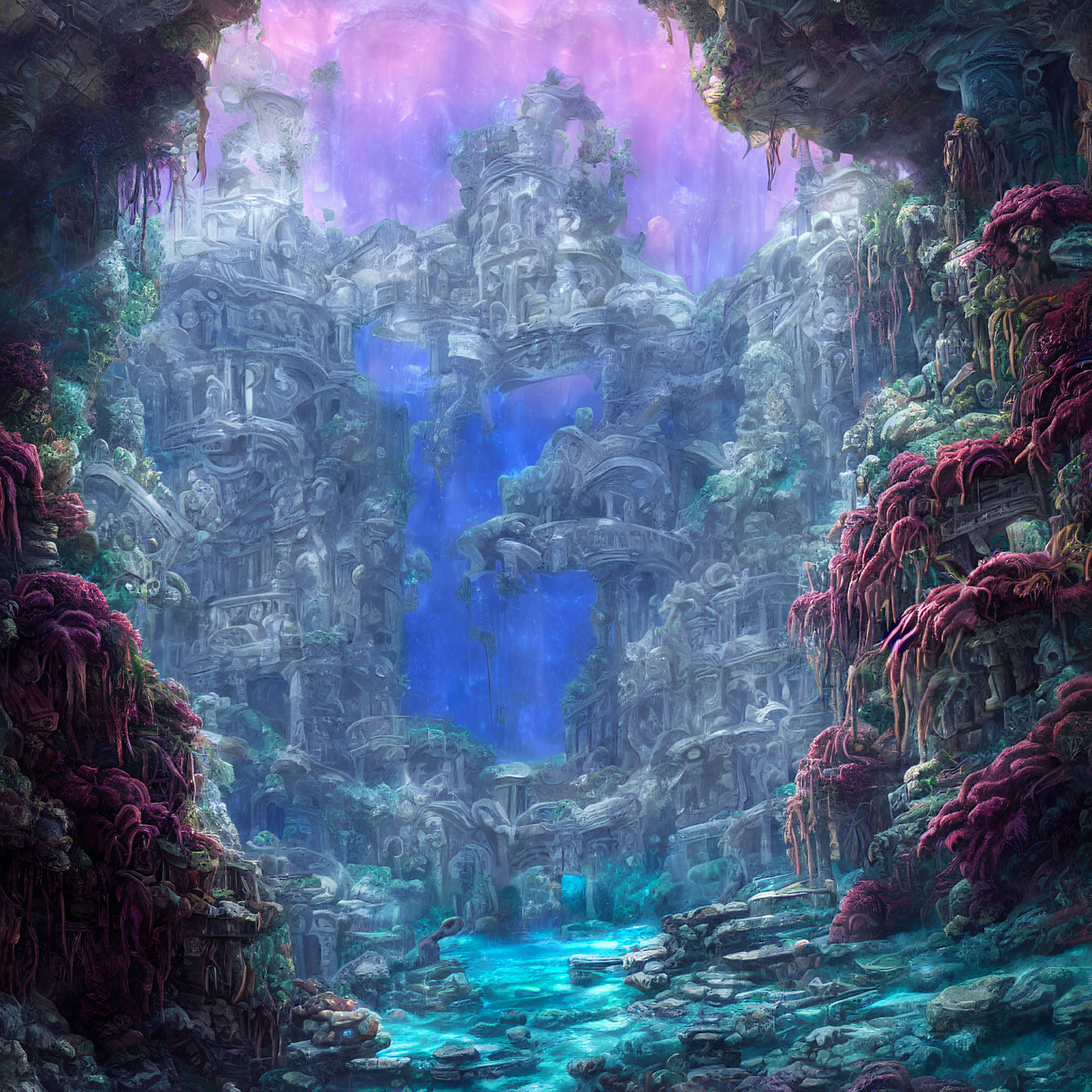 Mystical subterranean landscape with ruins, waterfalls, and luminescent flora