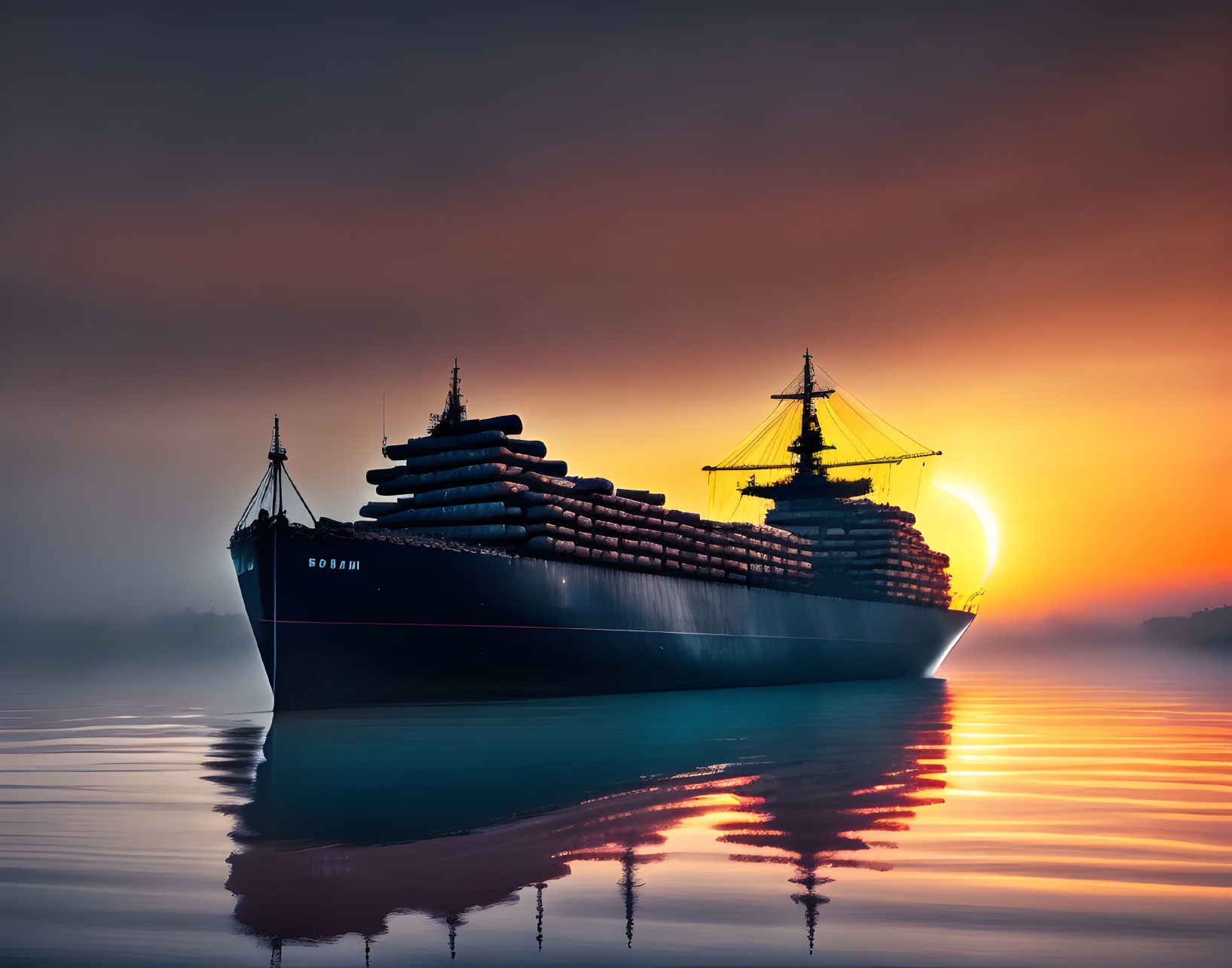 Container ship with stacked containers on calm lake at sunrise or sunset