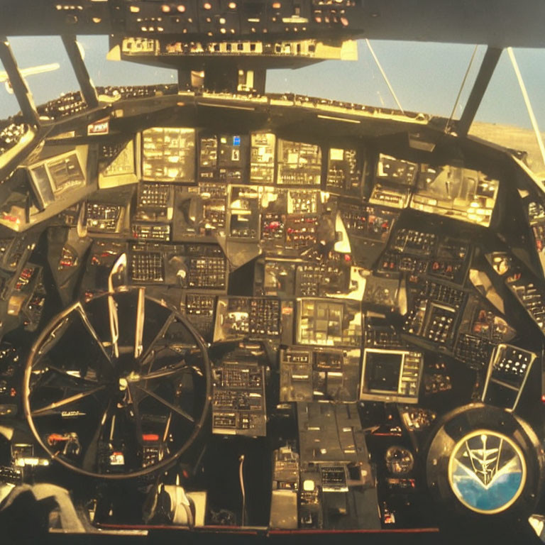 Aircraft Cockpit with Control Panels, Gauges, Yoke, and Screens