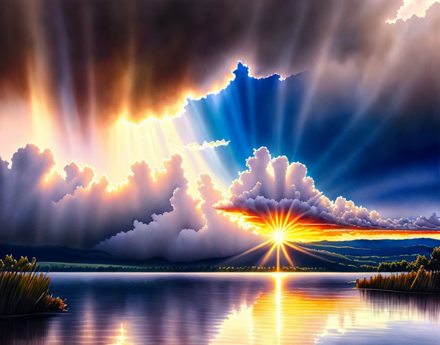 Colorful sunset with sunbeams over tranquil lake and reflections