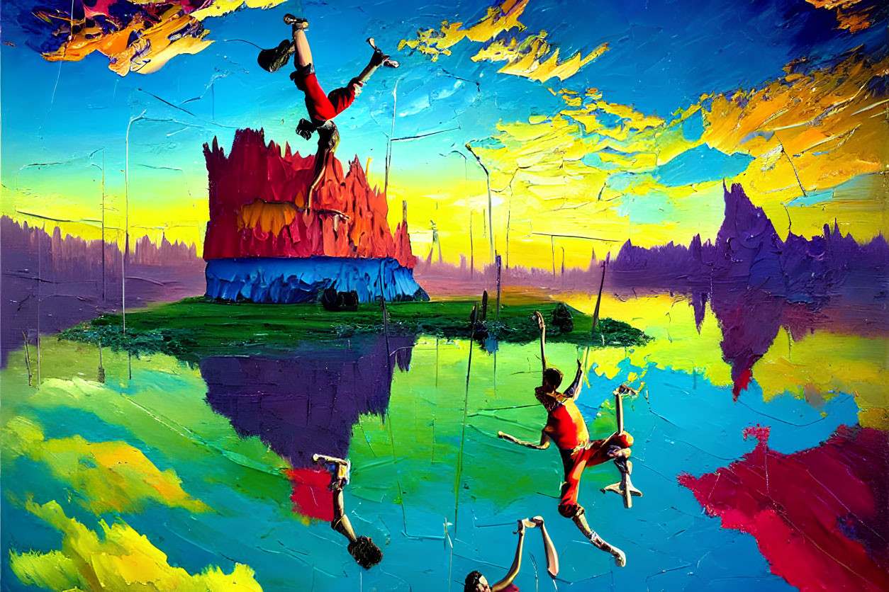 Colorful painting of people on a surreal cliff with reflective water and dynamic sky