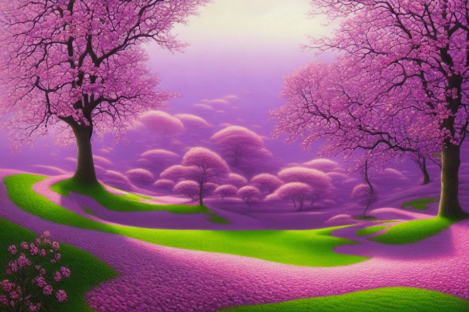 Lush green hills and blooming cherry trees in a vibrant fantasy landscape