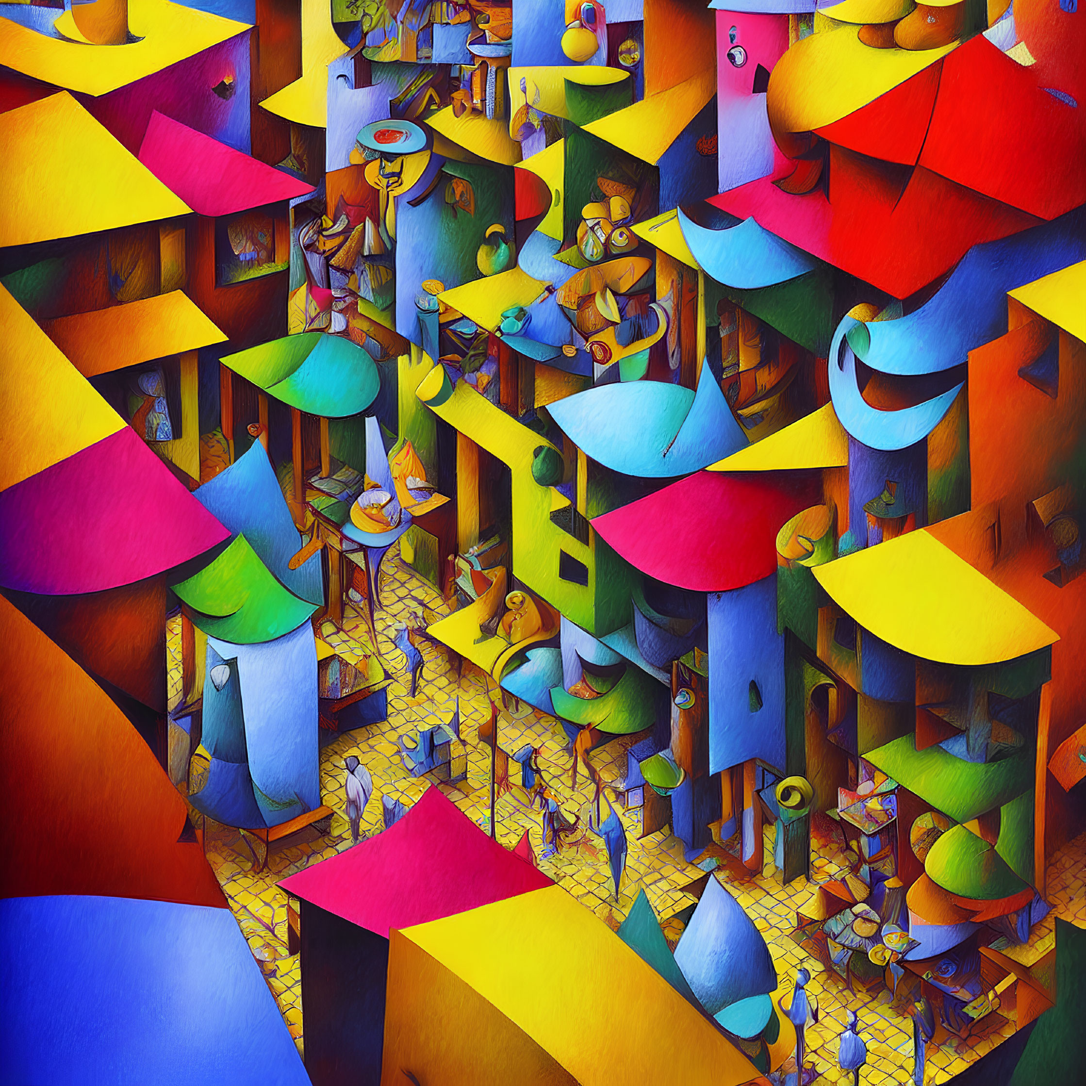 Colorful Escher-style illustration of whimsical buildings and characters